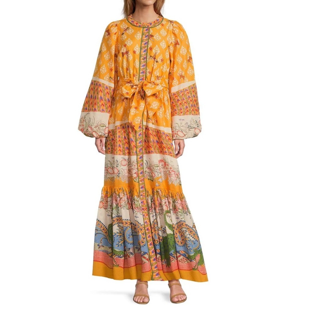 A Loves A Border Print Mandarin Collar Long Sleeve Button Front/Tie Maxi Dress